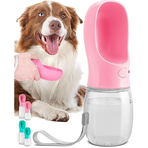 MalsiPree Dog Water Bottle, Leak Proof Portable Puppy Water Dispenser with Drinking Feeder for Pets Outdoor Walking, Hiking, Travel, Food Grade Plastic (12oz, Pink)