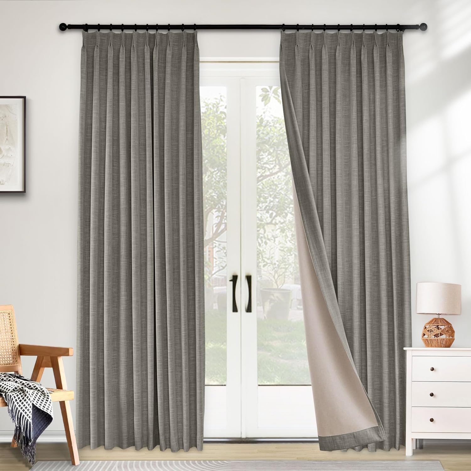 Macochico Blackout Curtains for Bedroom Pinch Pleated Linen Curtains Thermal Insulated White Blackout Window Treatments for Living Room Farmhouse Nursery Smoke Grey with Tieback 52" Wx72 L 1 Panel