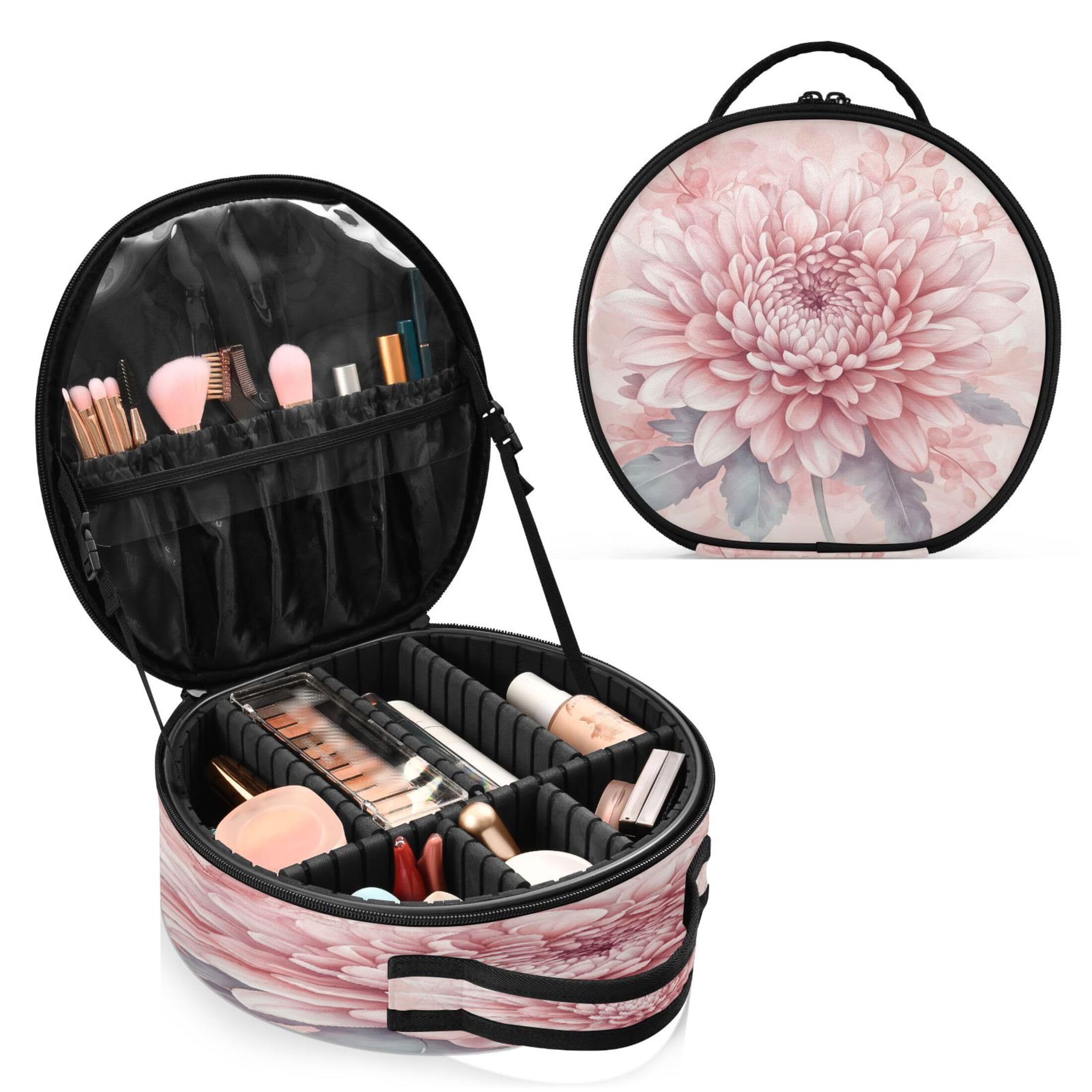 Takiito Pink Flower Travel Makeup Case Portable Makeup Box Artist Cosmetic Case Organizer With Adjustable Dividers