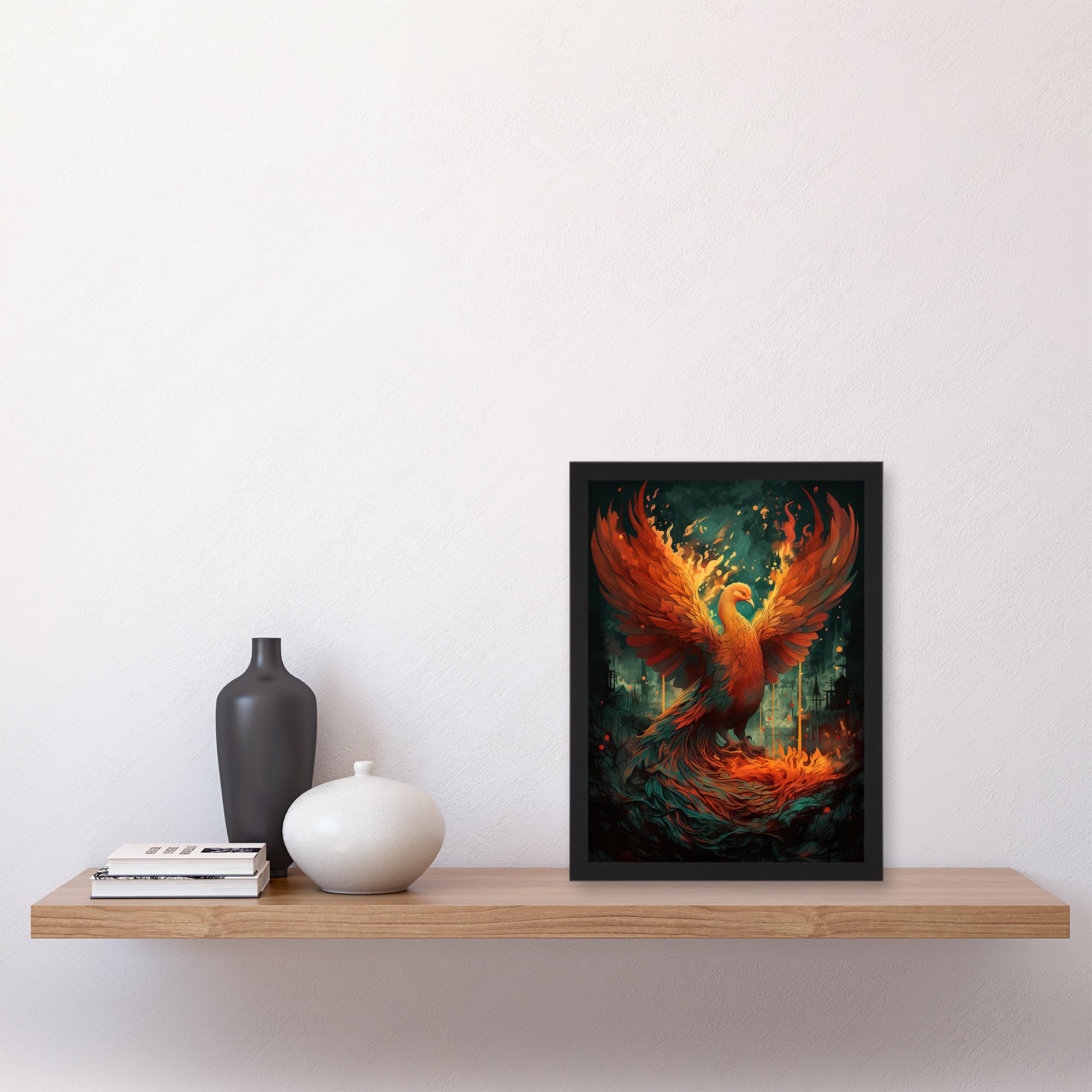 Artery8 Majestic Phoenix Bird Concept Painting Blue Orange Red Mythical Creature Rising from the Ashes Spreading Fire Wings Vibrant Portrait Artwork Framed Wall Art Print A4 - Image 4