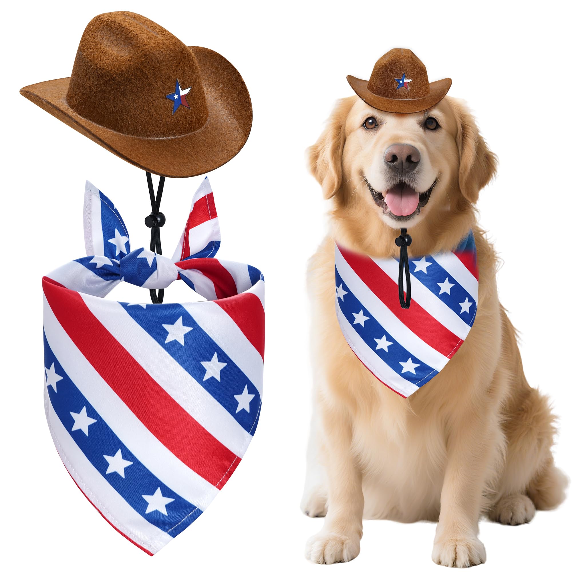 4th of July Dog Outfit, Patriotic Dog Cowboy Hat and Bandana Scarf Set, Pet Independence Day Costume Accessories for Dogs Cats (Stripe)