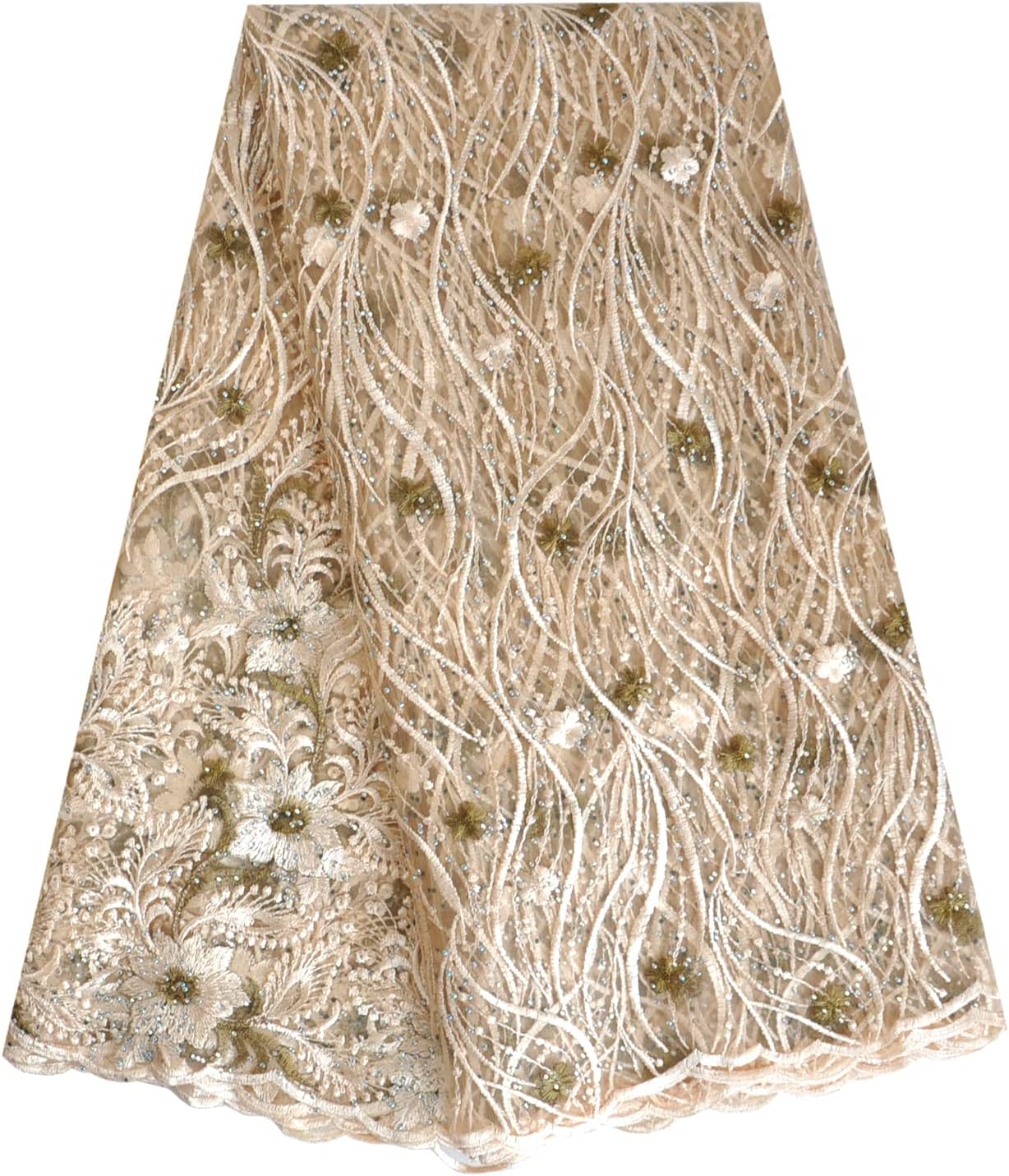 SanVera17 African Lace Net Fabrics Nigerian Embroidered Sparkling Stone French Fabric for Party Dress (265) 5 Yards
