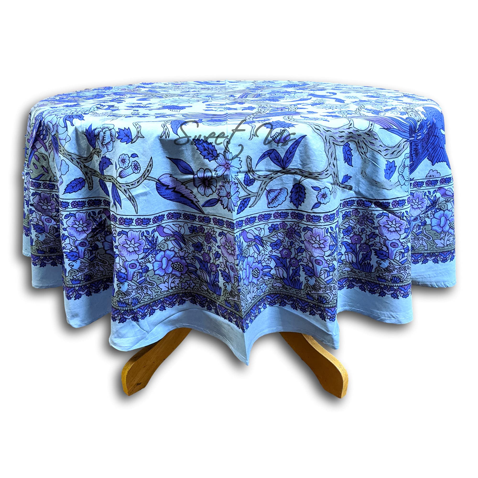 Tree of Life Tablecloth for Round Tables, Cotton Floral Kitchen Dining Table Cloth, Linen Blue Lavender, Table Cover for Indoors and Outdoors, 72-in Round