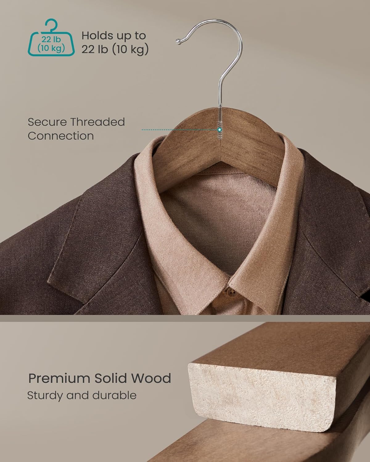 SONGMICS Extra Wide Wooden Suit Hangers, Set of 10 Clothes Hangers, Swivel Hooks, Non-Slip Bars, for Outfits, Suits, Coats, Shirts, Dresses, Walnut Color UCRW050KZ01 - Image 3