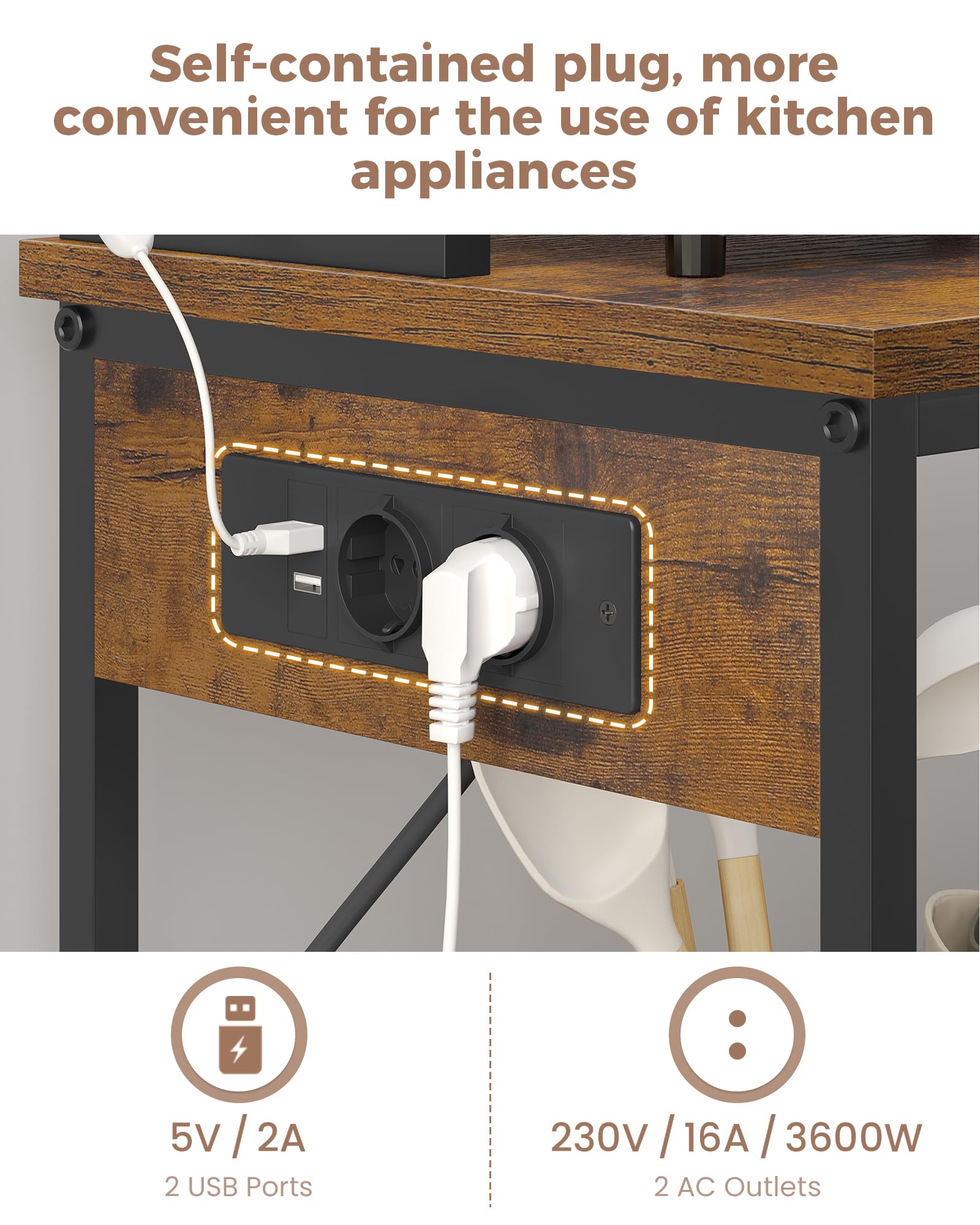 Estantería para panadería, Estante de Cocina, Estante de Panadería con LED, Estante de Pie con Enchufes, Mueble para Microondas, 8 Ganchos en S, para Pasillo, Cocina, Salón, 40 x 80 x 174 cm, Marrón