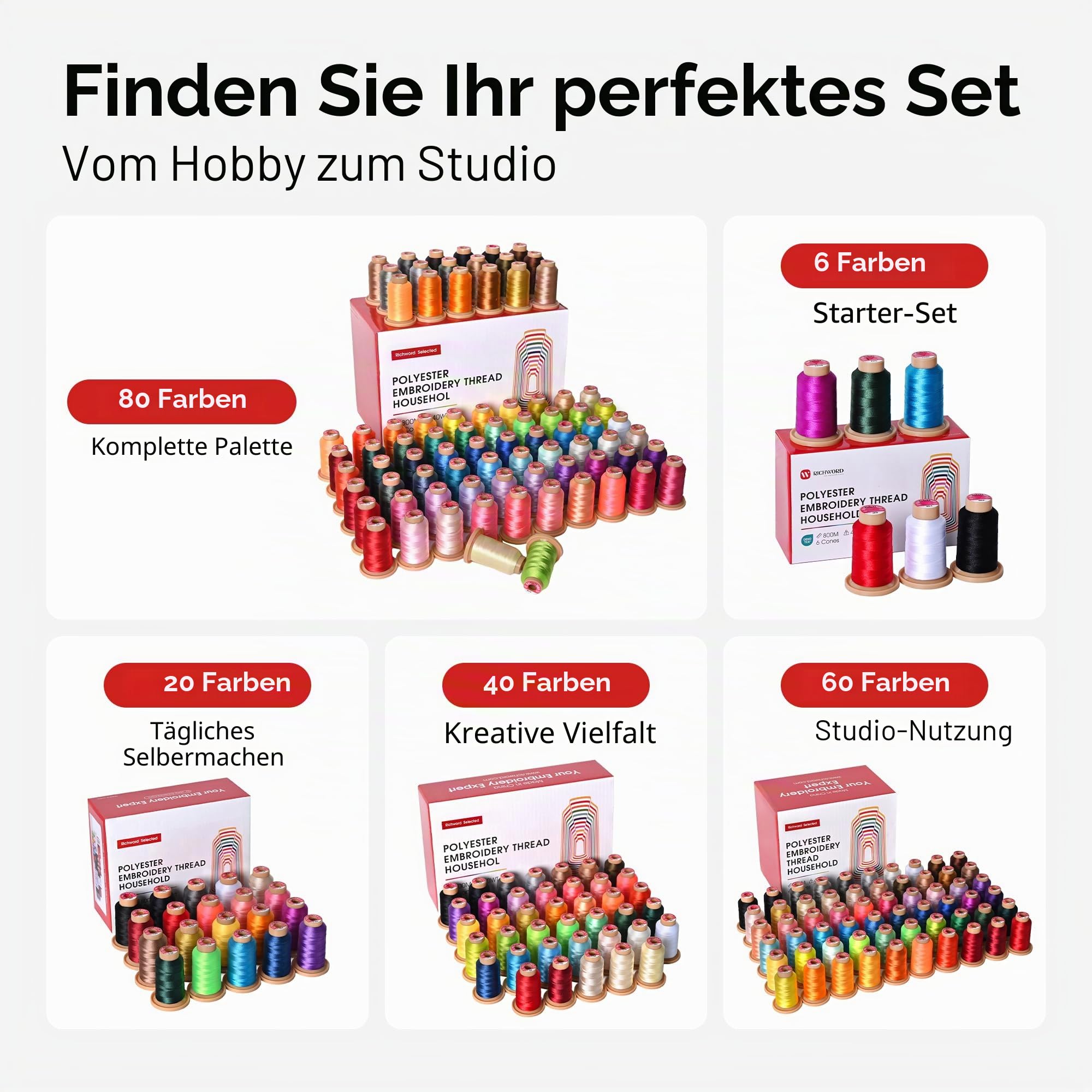 Poolin Stickmaschinengarn-Set, 80 Farben | 40 WT Stickgarn, 800 m/Spule, kompatibel mit Brother, Janome und den meisten Stickmaschinen, fusselarm, farbecht