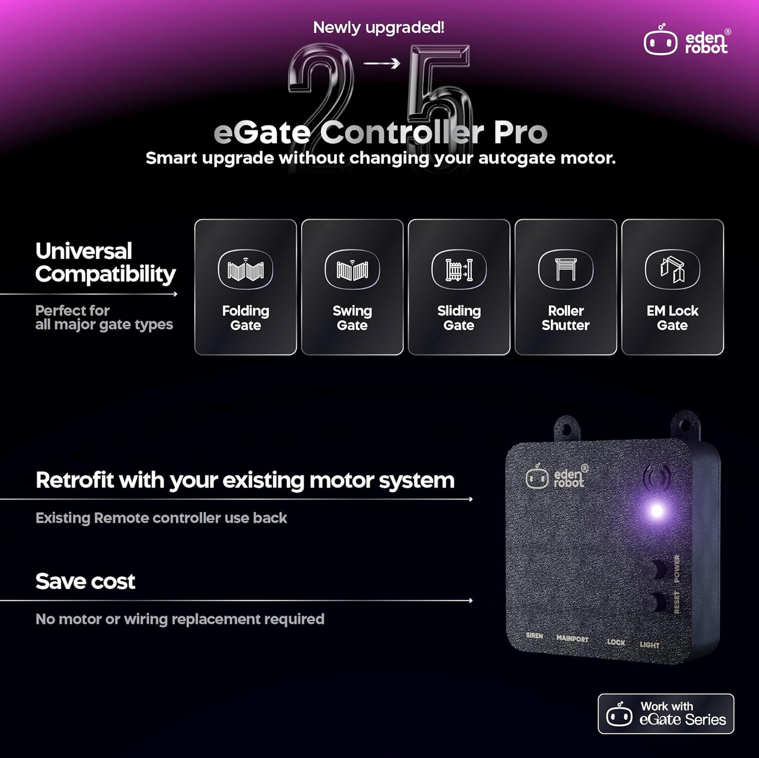 eGate Pro 5 Smart WiFi Gate Opener - Universal WiFi & Bluetooth Remote Access Controller - Compatible with Swing, Sliding Gates - Tuya & Smart Life & Apple Shortcut & Alexa & Google Home Eden Robot