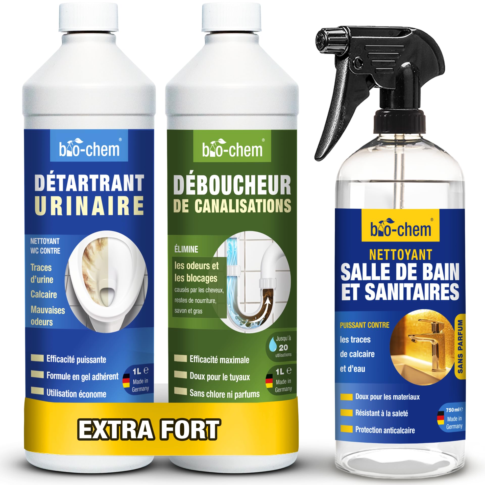 bio-chem Set de 3 nettoyants pour salle de bain, douches, WC | Déboucheur de canalisation 1L - Décapant urine et calcaire 1L - Produit surfaces de salle de bain 750ml