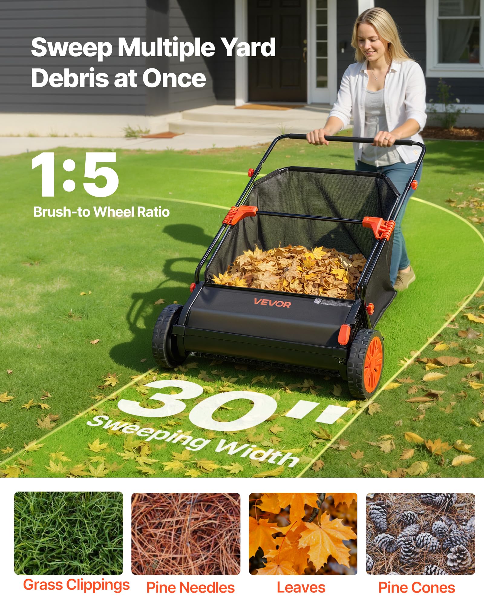 VEVOR Barredora Peinadora Césped Manual, Ancho de Trabajo de 76,2 cm, Cepillo para Césped, Bolsa de Recogida de 340 L, Cepillos Giratorios, 10 Alturas Ajustables, Limpiador para Jardín Patio Parque