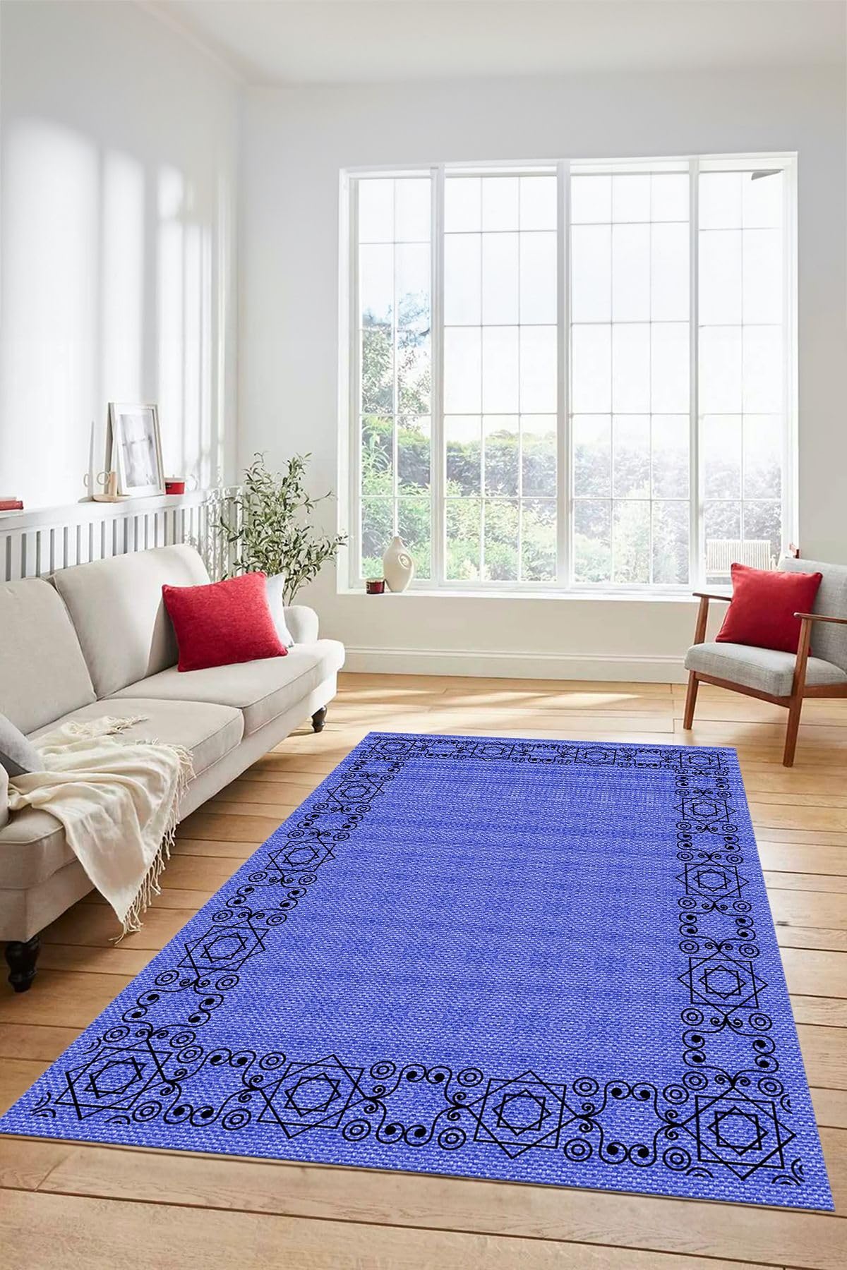 Evdeya Dijital Baskılı Kaymaz Taban Yıkanabilir Jüt Hasır Desen Üçlü Yatak Odası Takımı JÜT-19, Mavi, 80 x 300