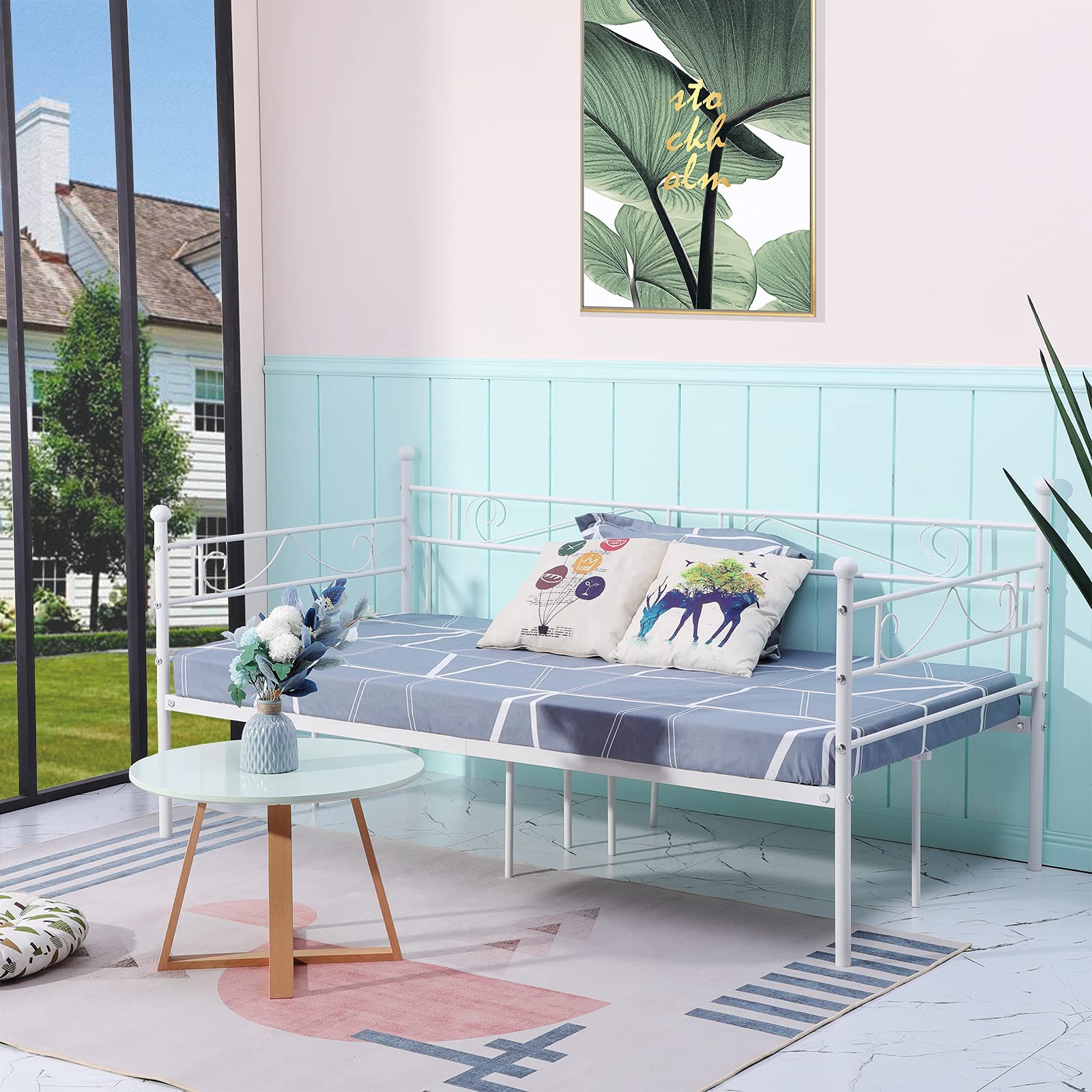 Junfeng Metal Daybed Frame Single Bed Base Bedroom Furniture Bed for Adults, Kids, No Box Spring Needed, White