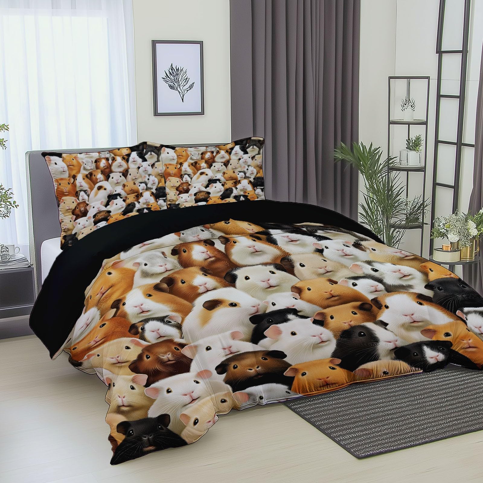Poszwa na kołdrę ze zwierzęciem świnka morska wzór 240x260 cm Dwustronny zestaw pościeli z nadrukiem z 2 poszewkami na poduszki Czarny Zestaw pościeli z mikrofibry na 4 pory roku