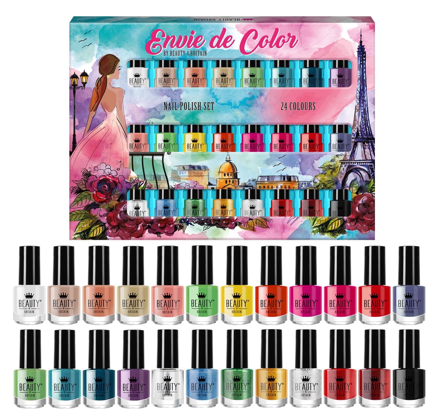 Envie De Color Nail Polish Set - Complete Collection of 24 Colours in a Artistic Paris-London Box British Brand (Set B)