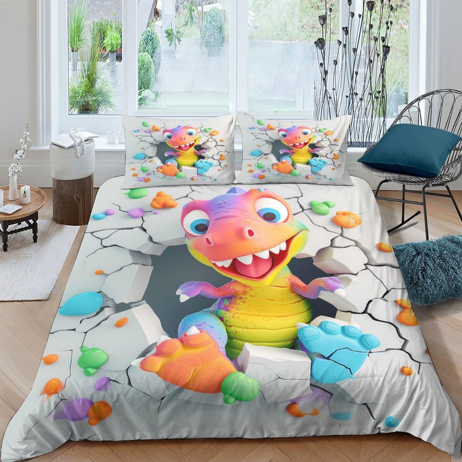 Ctjqhvkz Style-8 3D Printed Cartoon Dinosaur Fitted Sheet Microfiber Colourful Cracked Wall Bed Cover For Bedroom Dorm Mattress Protection Single（135X200cm）