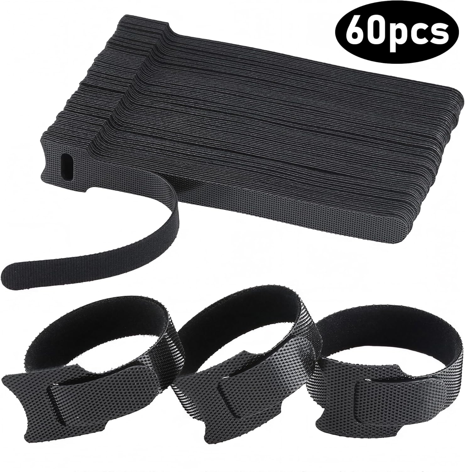 60Pcs Reusable Hook and Loop Cable Straps – Adjustable Cord Ties for Wire Management – 8in – Black