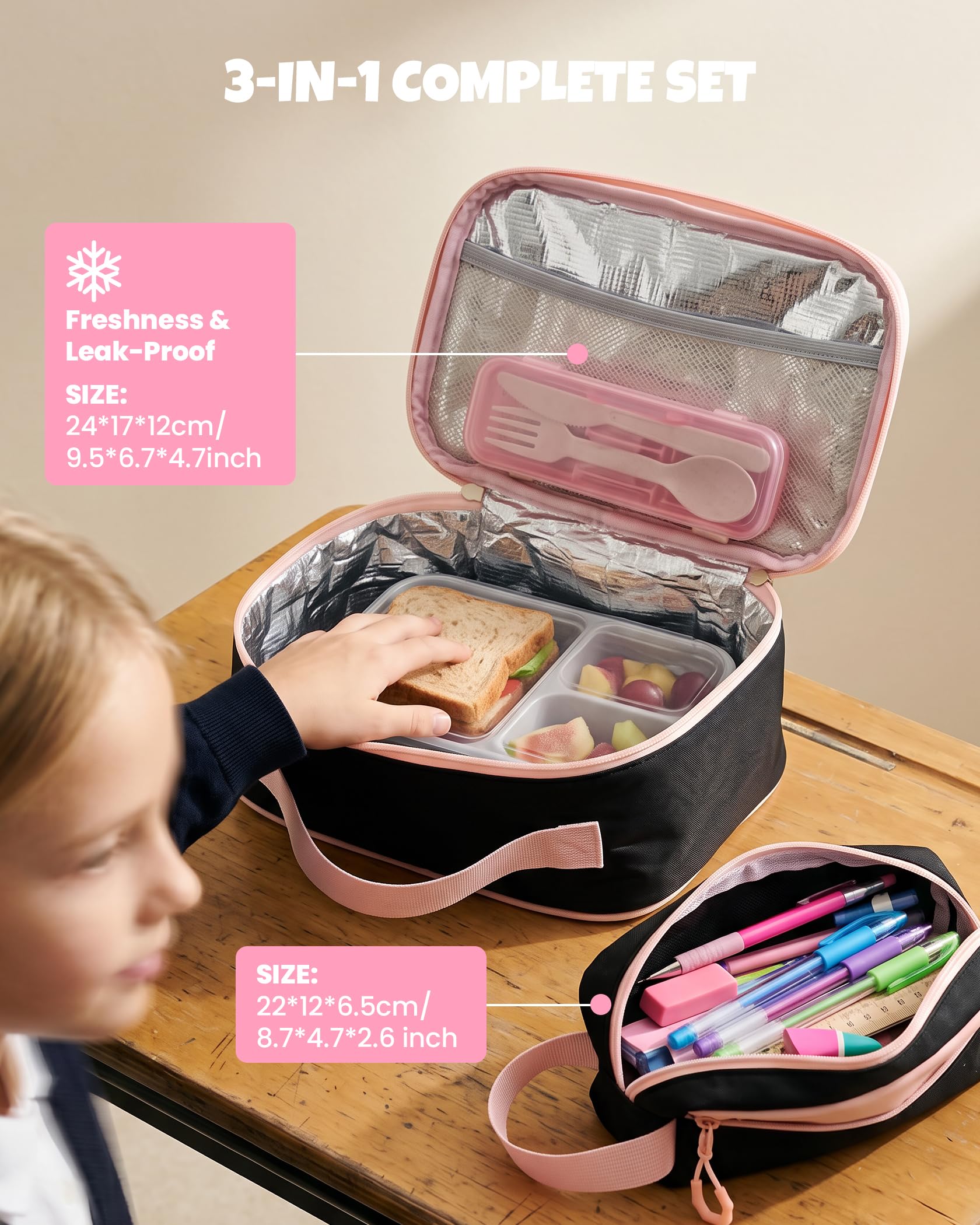 Amythe Sac à Dos Fille Primaire 3 Pièce, Ensemble Cartable Enfant Scolaire avec Sacs à Déjeuner et Trousse Crayon, Sac Ecole pour Fille 8 à 15 ans, Noir