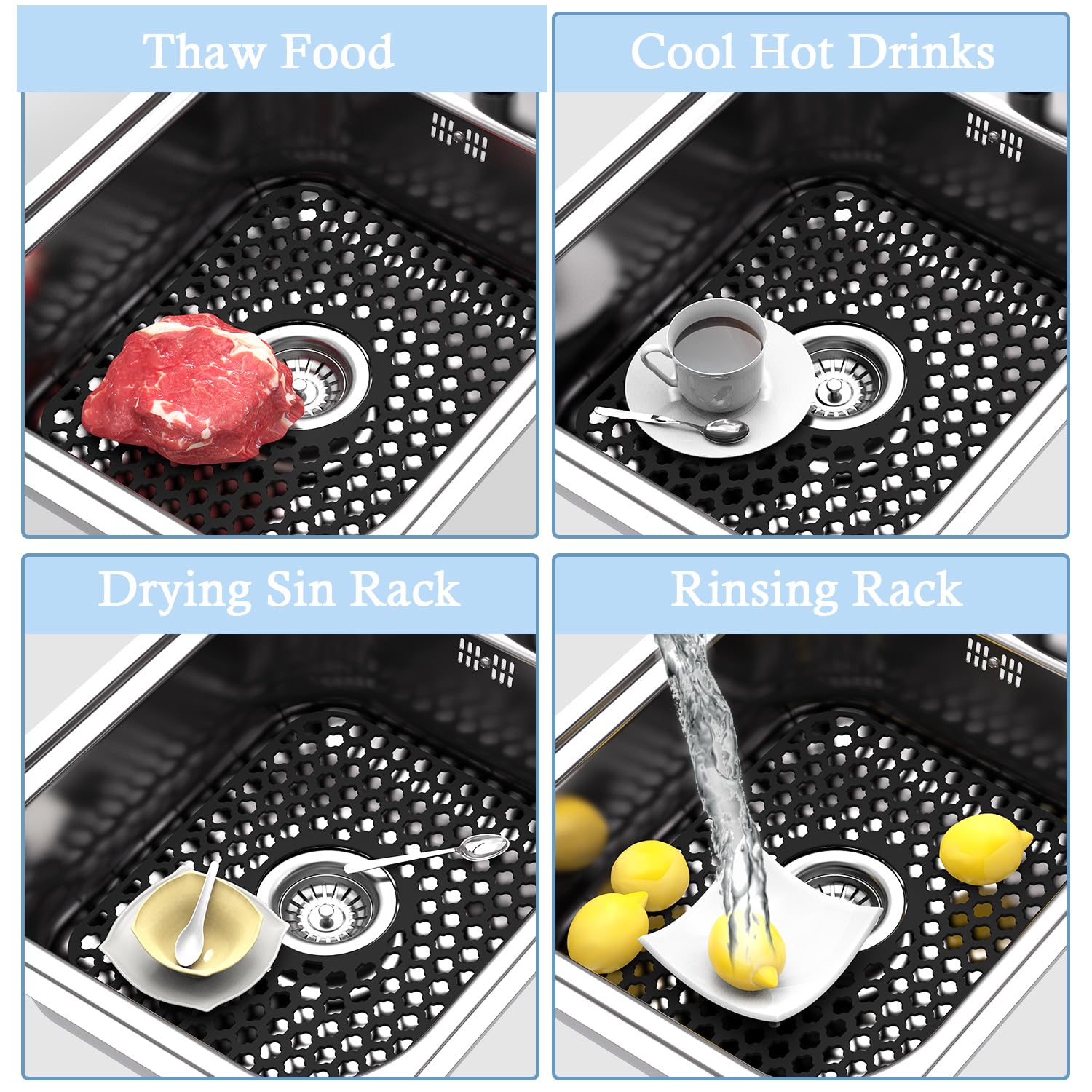 Paquete de 2 protectores de silicona para fregadero de cocina y baño, 13.58 x 11.6 pulgadas, resistentes al calor, protectores de fregaderos antideslizantes y duraderos, de silicona, drenaje 7