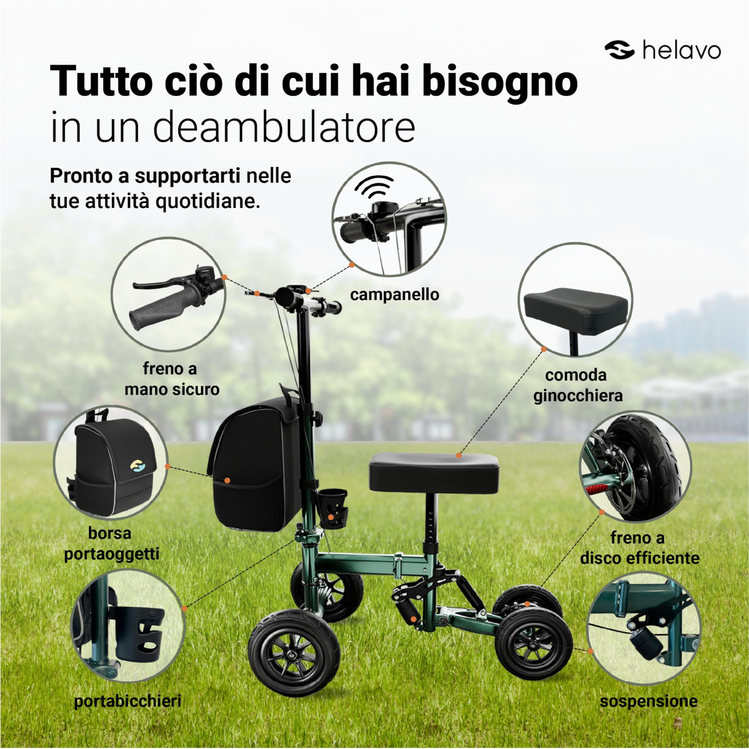 Helavo Scooter per Ginocchio Pieghevole, Deambulatore Ortopedico | Deambulatore ortopedico per ginocchia con 2 ginocchiere - Alternativa alle stampelle - Ruote da 10"/8"