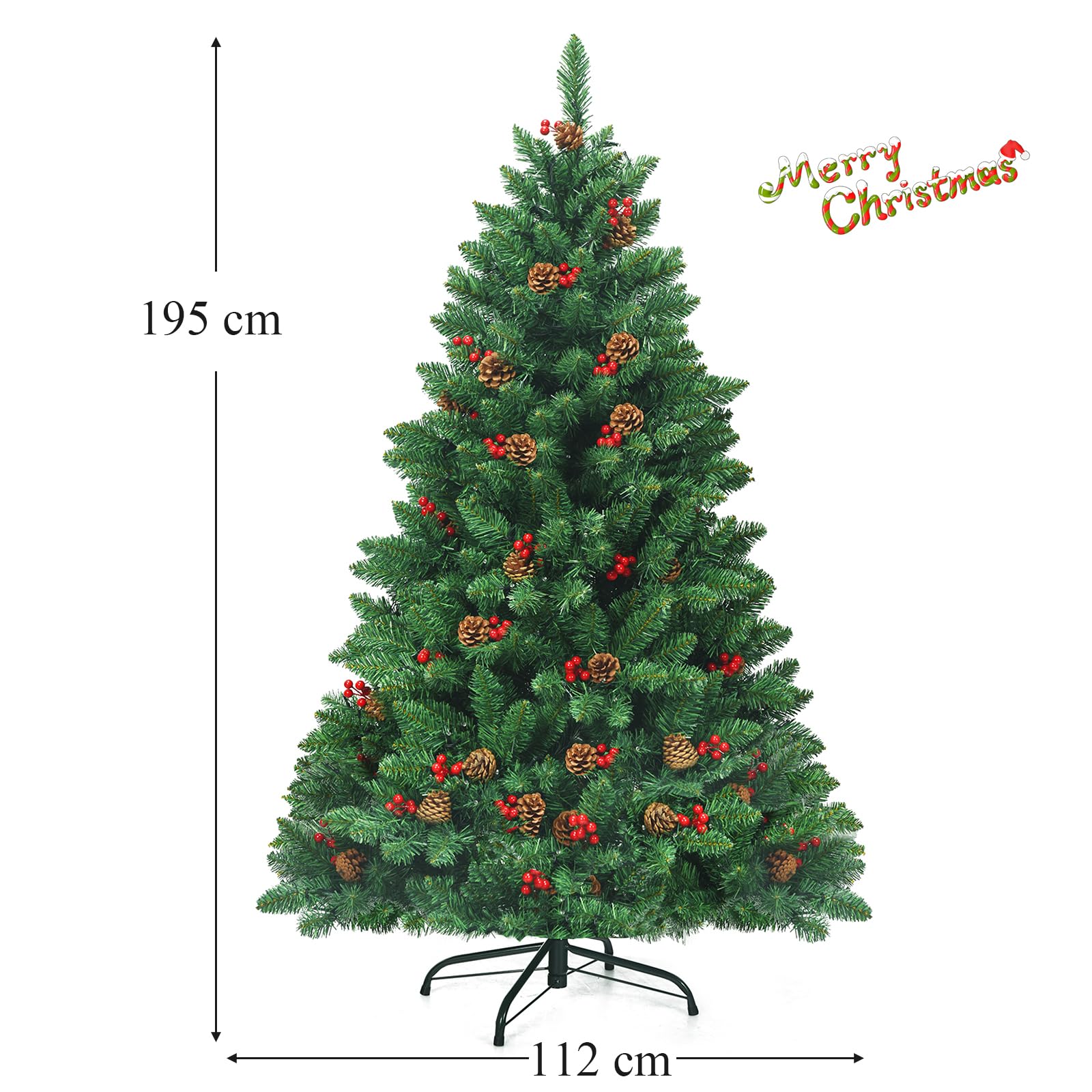 LIFEZEAL Sapin de Noël 195 cm, Arbre de Noël Artificiel avec 450 LED, 1100 Branches, 56 Baies, 56 Pommes de Pin, PVC Épais Ignifugé, Base en Métal, Décoration Intérieure et Extérieure