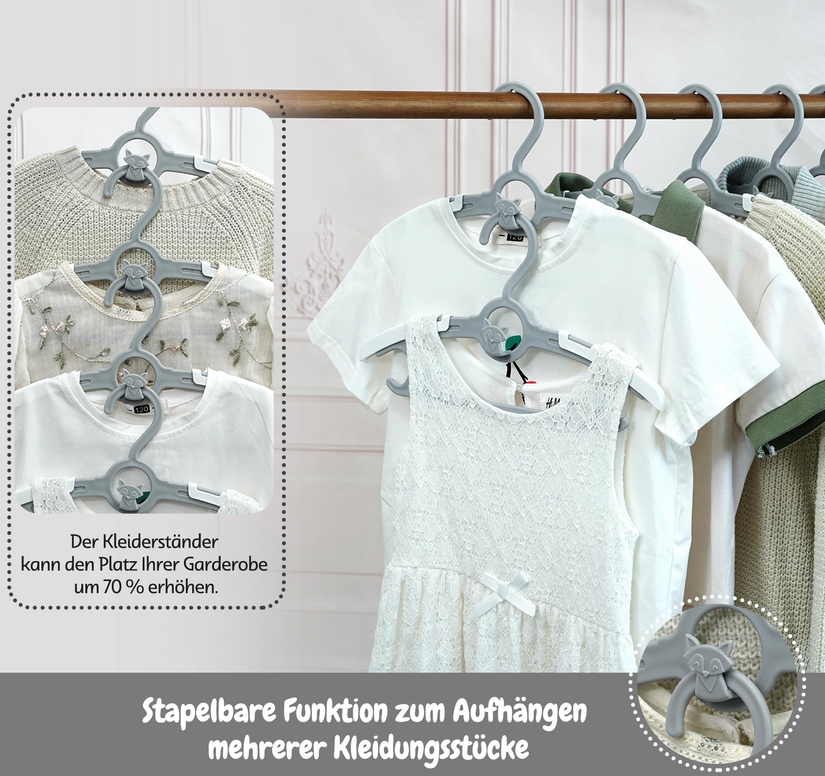 Mitwachsende Kleiderbügel Kinder, 24 Stück Ausziehbare Babykleiderbügel Platzsparend mit Stapelbaren Fuchs-Haken, 100% aus neues Kunststoff Kinderkleiderbügel für Kinderbekleidung Baby und Kind