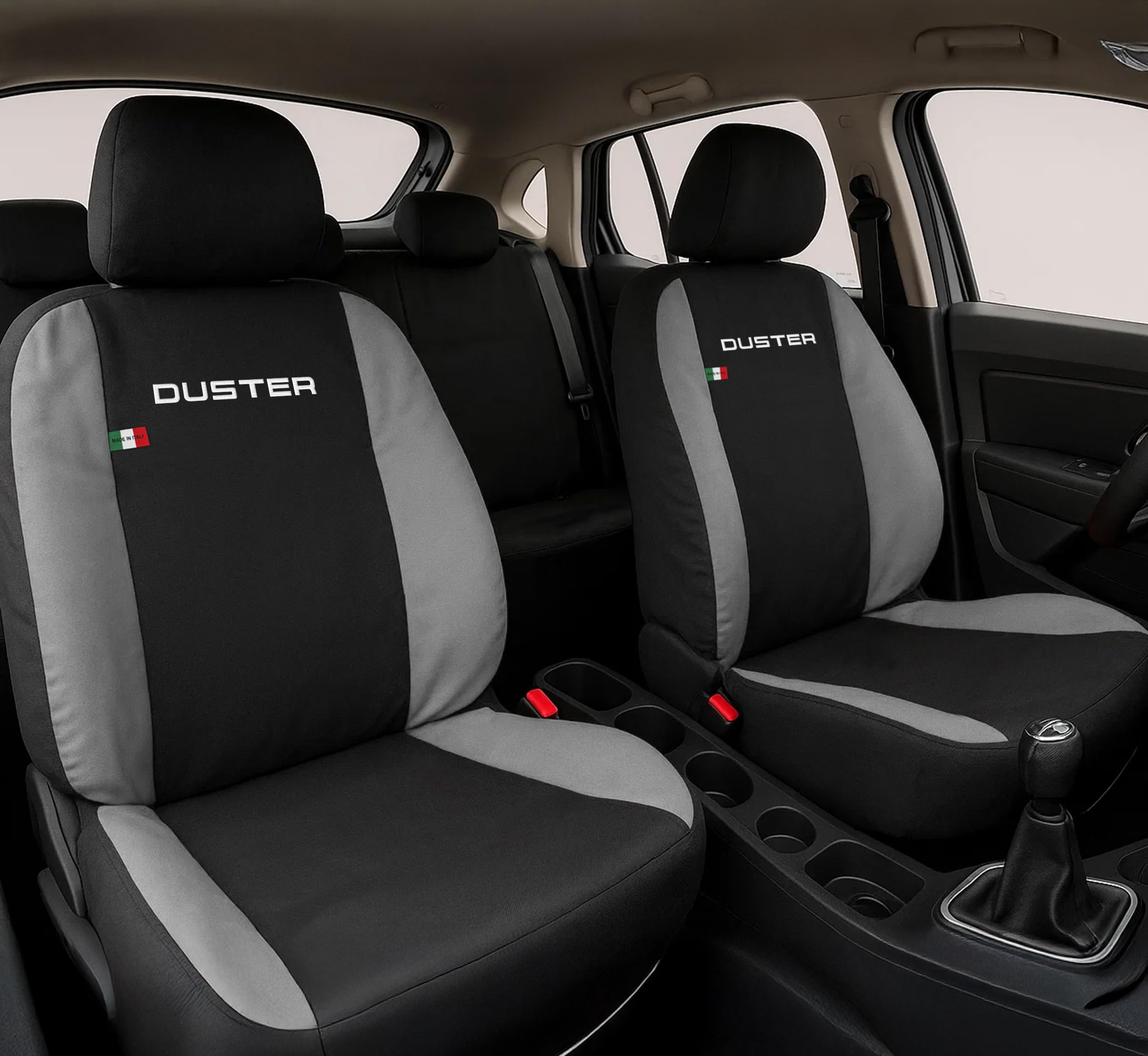 Auto Accessori Lupex | Housses de Siège Auto Compatibles avec Duster 2010-2024, Noir Gris Clair, Made in Italy, Tissu Polycoton, Avant et Arrière