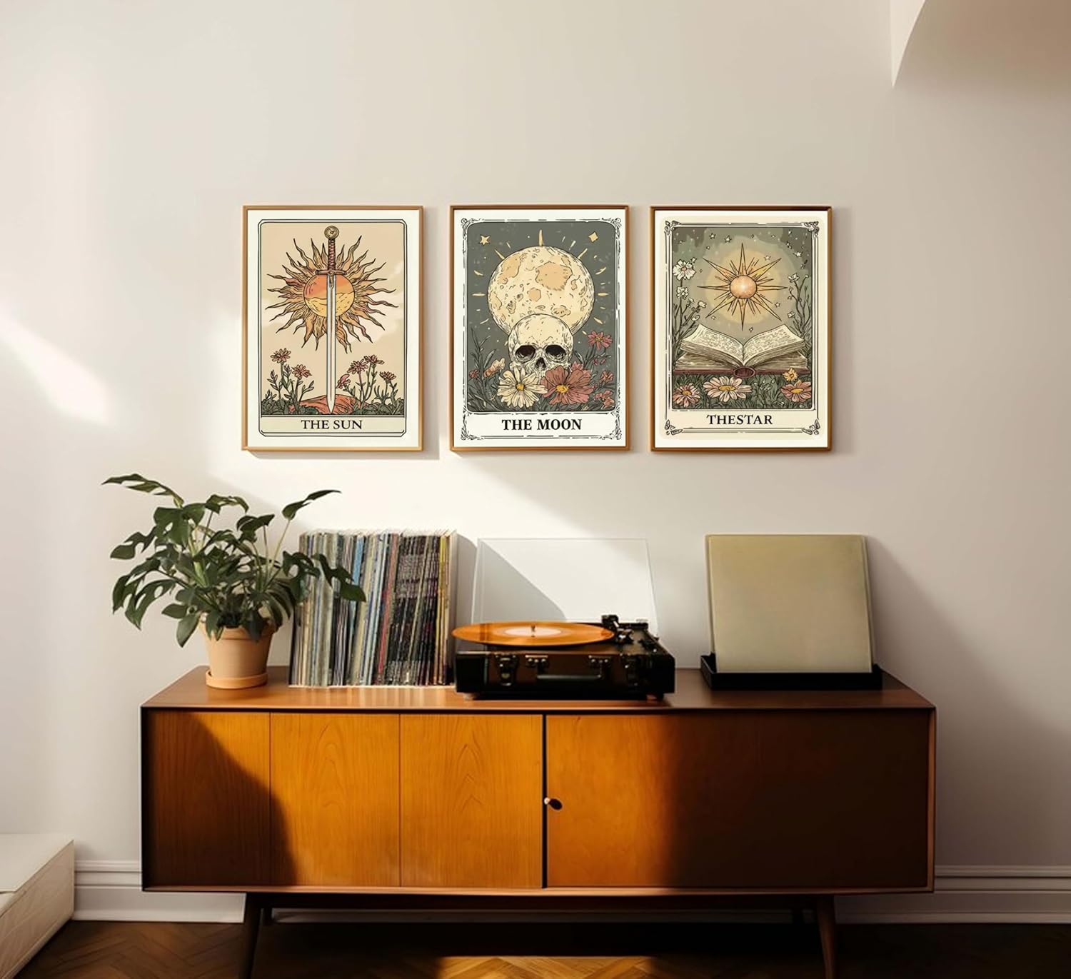 MJVCFWNS 3Pcs Tarot Card Wall Art Boho Celestial Bodies Sun Moon Star Painting Picture Wall Decor Vintage Skull Book Flowers Sword Poster Printing Artwork for Living Room Bedroom Office Home Decor