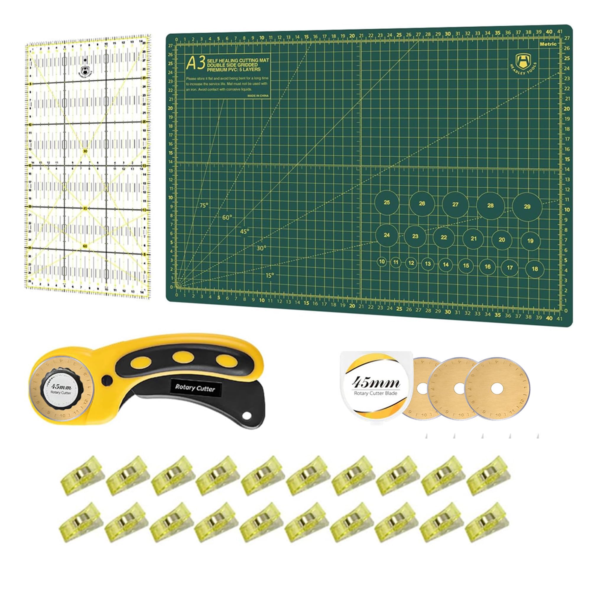 Rotary Cutter Set, Quilting Kit incl. Bearing 45mm Fabric Cutter, A3 Cutting Mat, Acrylic Ruler and Sewing Clips