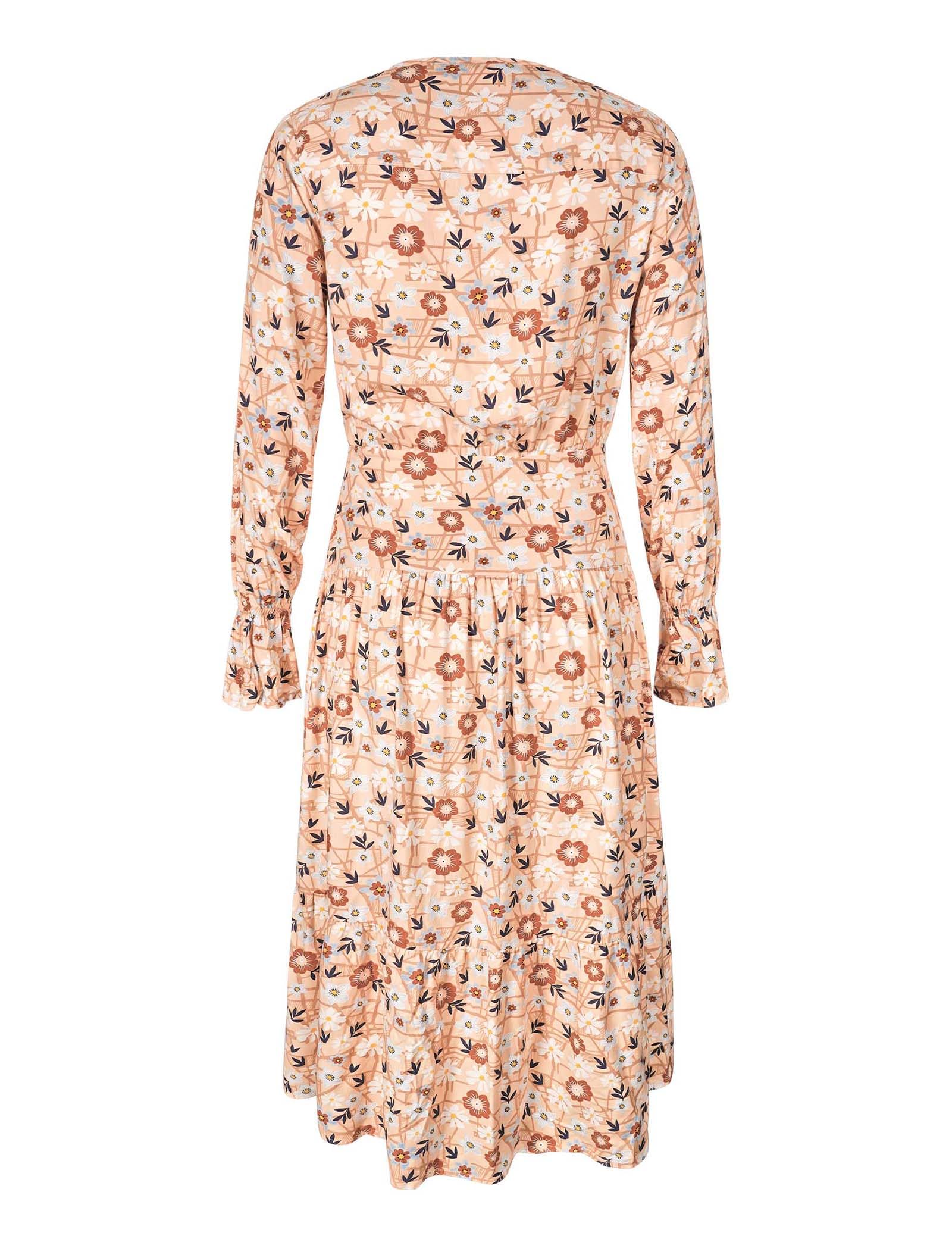 Vestido midi de viscosa de manga larga para mujer con estampado floral, elegante cuello de botón, cremallera lateral discreta y diseño escalonado para un estilo sin esfuerzo