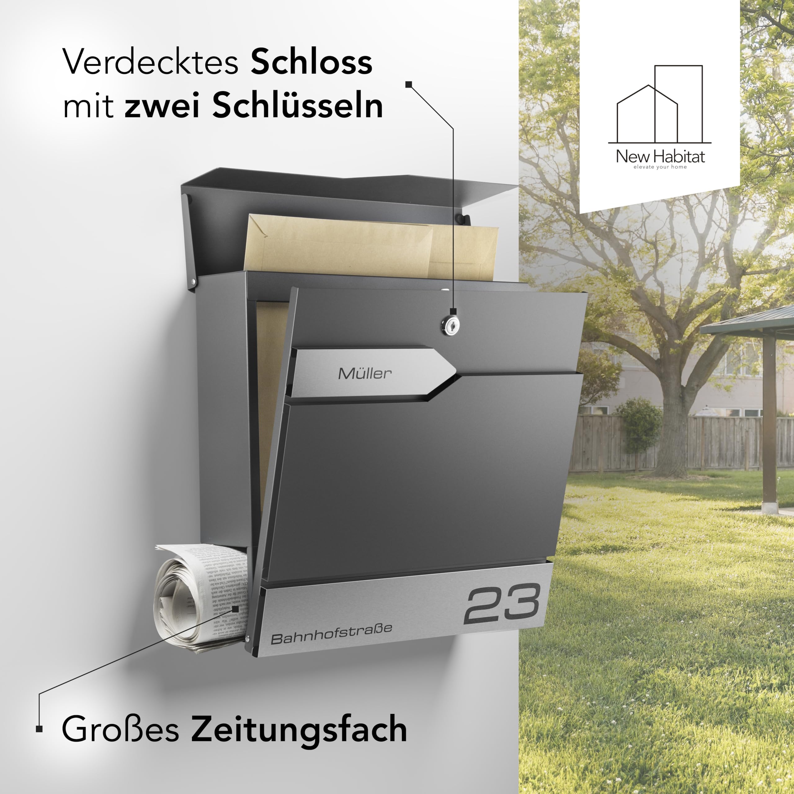 Moderner Briefkasten Personalisierbar Sydney Anthrazit RAL7016 - mit Zeitungsfach - Wandbriefkasten mit Edelstahl Namensschild und Hausnummer Gravur I Rostfrei und UV-beständig (Mit Gravur)