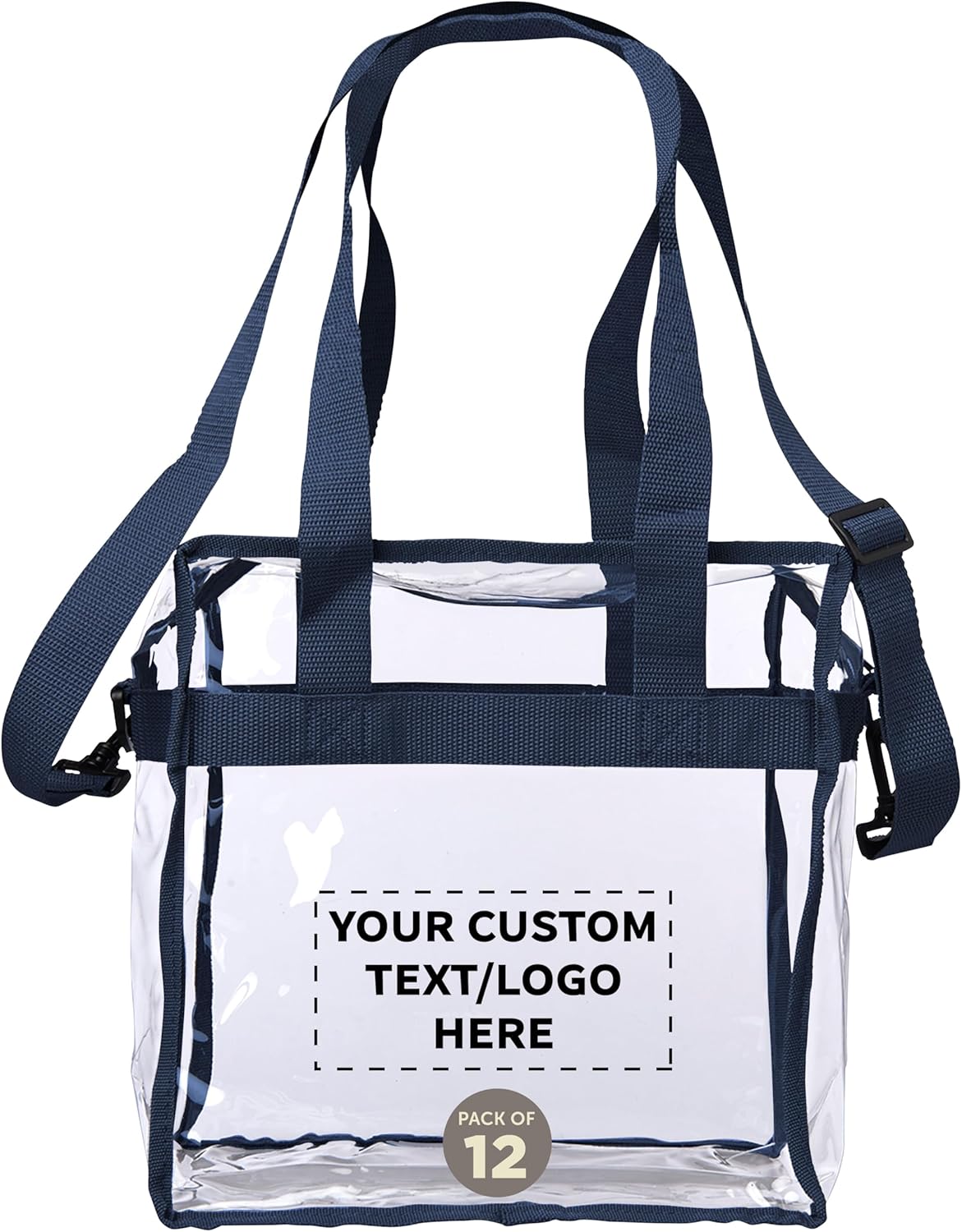 DISCOUNT PROMOS Custom Game Day Clear Tote Bags Set of 12, Personalized Bulk Pack - Stadium-Approved, Transparent, Game Day Essentials - Navy Blue