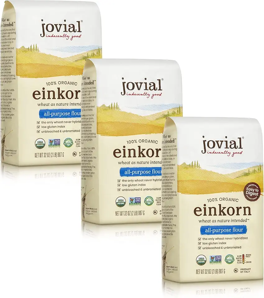 Jovial Organic Einkorn Unbleached All Purpose Flour - Bread Baking Flour for Sourdough, High Protein, Non-GMO, Organic Pizza &amp; Pasta, European Italian, Glyphosate Free - 32 Oz, 3 Pack USDA Organic