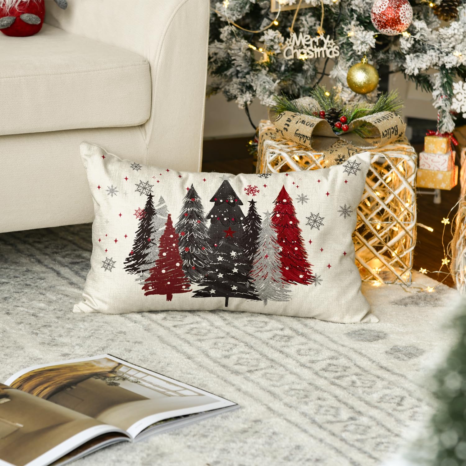 Funda de almohada con diseño de árbol de Navidad rojo y negro, 12 x 20 pulgadas, decoración de cojín de invierno para sofá 5