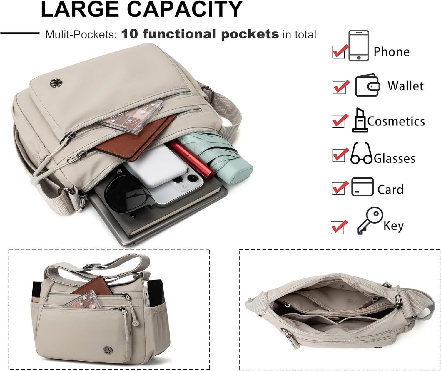 Crossbody Bags for Women Waterproof Nylon Shoulder Bag Roomy Multiple Pockets Messenger Purses Handbags - Image 5