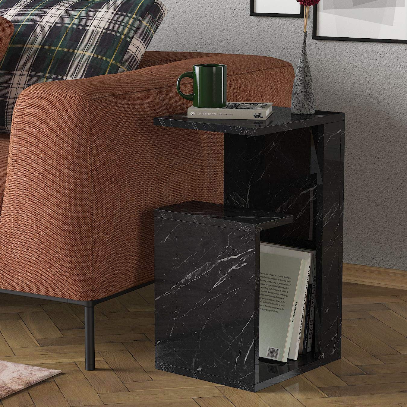 moebel17 4944 Sister Beistelltisch Couchtisch in Marmoroptik, Sofatisch Kaffeetisch, Bendir Grau Marmor Optik, 35 x 29,5 x 60 cm, mit Ablagen