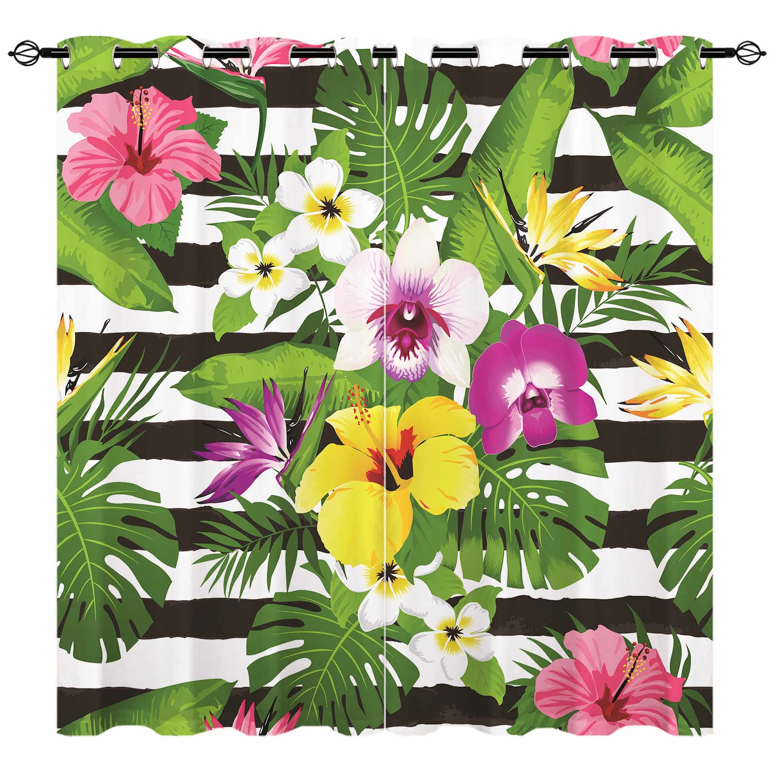 YUANZU Tropical Curtains - Colorful Palm Nature Flower Leave on Black White Striped Pattern Eyelet Thermal & Room Darkening Blackout Window Drapes for Bedroom Living Room 2 Panels W117cm x D183cm — image 1