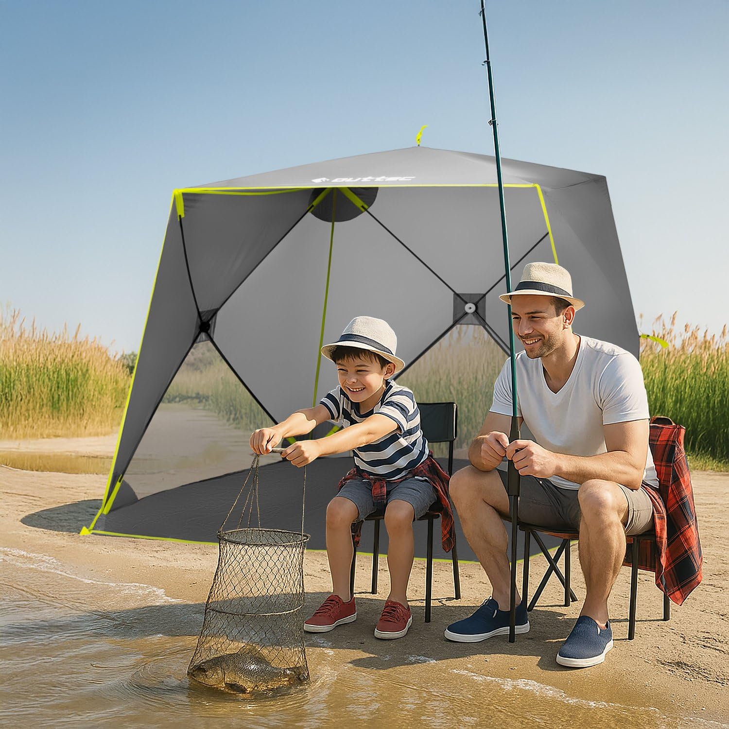Angelzelt 210x210x160 cm Wasserdicht, Schnellaufbau Wurfzelt mit Quick-Set-System, UV30+ Sonnenschutz, 360° Belüftung, Leicht, Kompakt, Stabil, Camping & Angel Zubehör Shade Camp