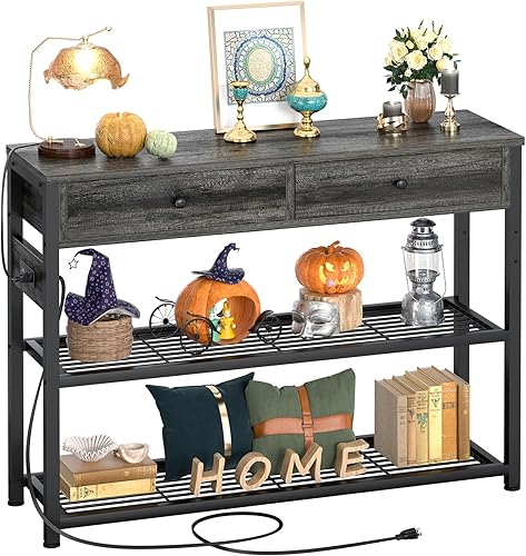 Miniatura 3 de Besiost Mesa de entrada pequeña con estantes de almacenamiento, mesas de consola con cajones para entrada, mesas de sofá con estación de carga para