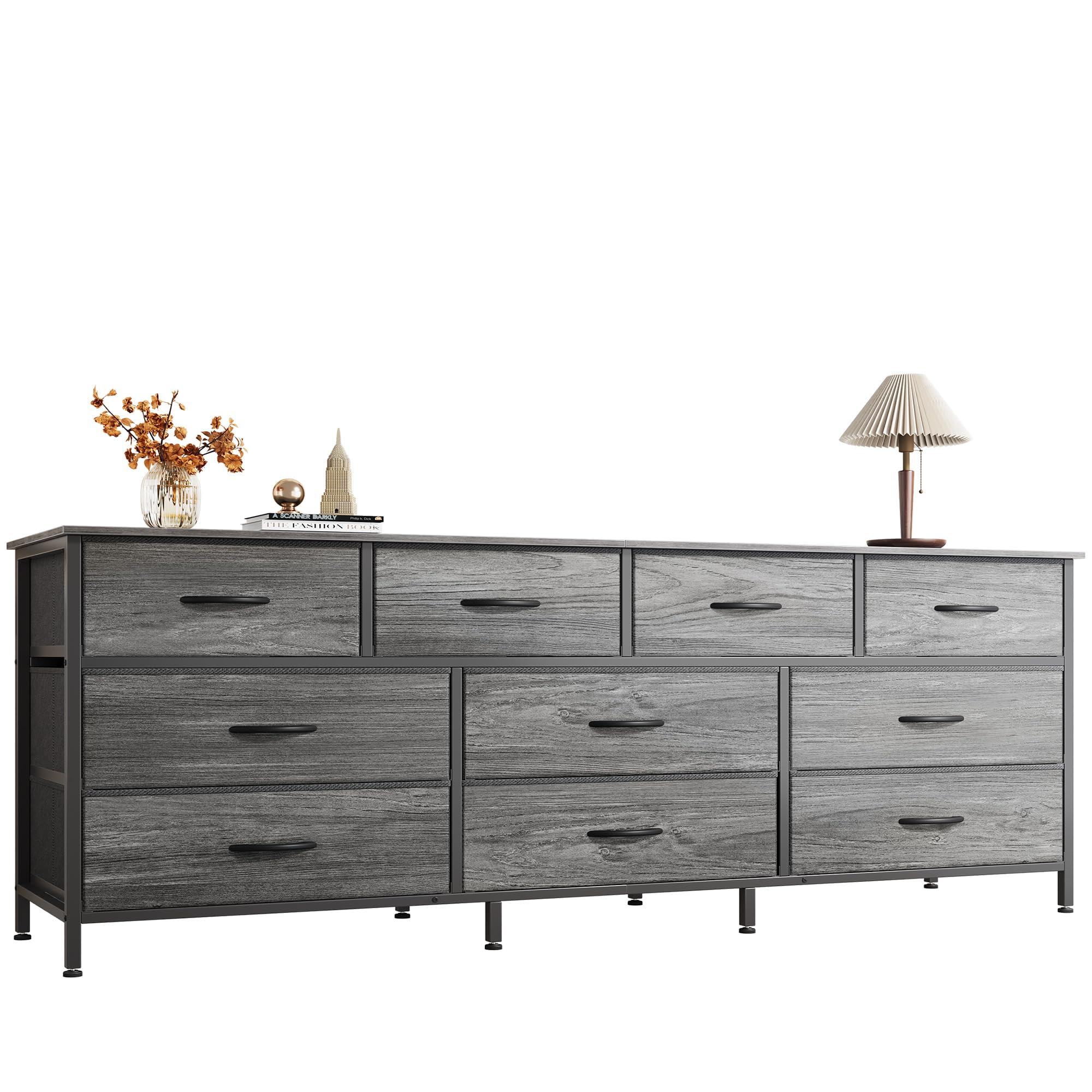 Cómoda de 63 pulgadas para dormitorio, cómoda larga con 10 cajones de tela, soporte de TV para TV de 55, 65, 70 pulgadas, organizador de almacenamiento de juguetes para armario, gris