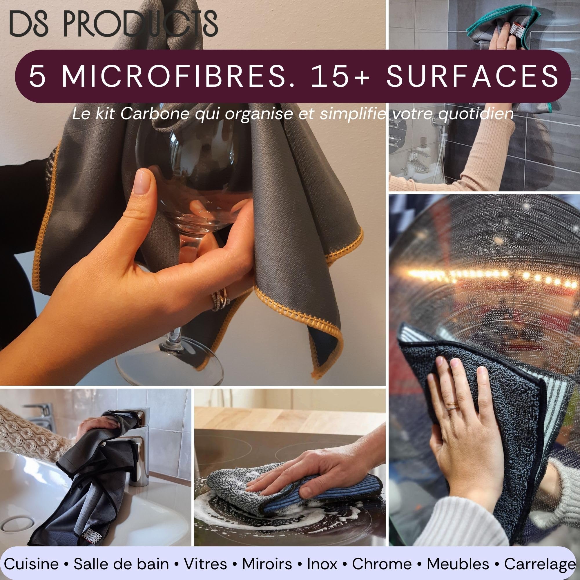 5X Lingettes Microfibres de Carbone 410GSM-Chiffon Magique Vitre Miroir Sans Trace Sans Peluche Réutilisable Multi Usage-Voiture Professionnel-Auto Moto Anti Rayures–Lavettes Absorbant