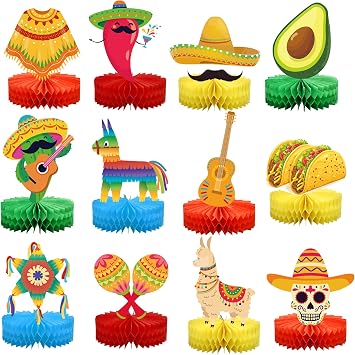12 PCS Fiesta Mexican Honeycomb Centerpieces Cinco De Mayo Party Table Centerpiece Mexico Paper Honeycomb Table Decorations for Fiesta Mexican Themed Taco Birthday Party Day of The Dead Supplies