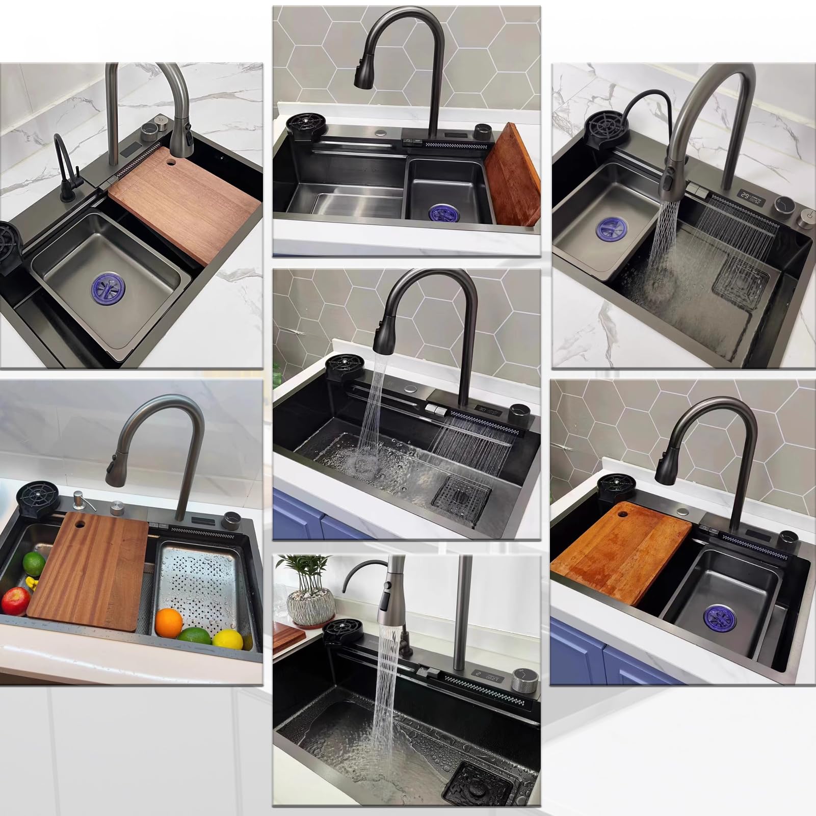 Lavandino Cucina Nero Antracite 85 x 50 cm,Lavello Cucina 1 vasca con LED rubinetto estraibile,Multifunzione Cucina in acciaio inox,Lavabo Cucina con Sifone Antiodore e Kit Scarico Completo