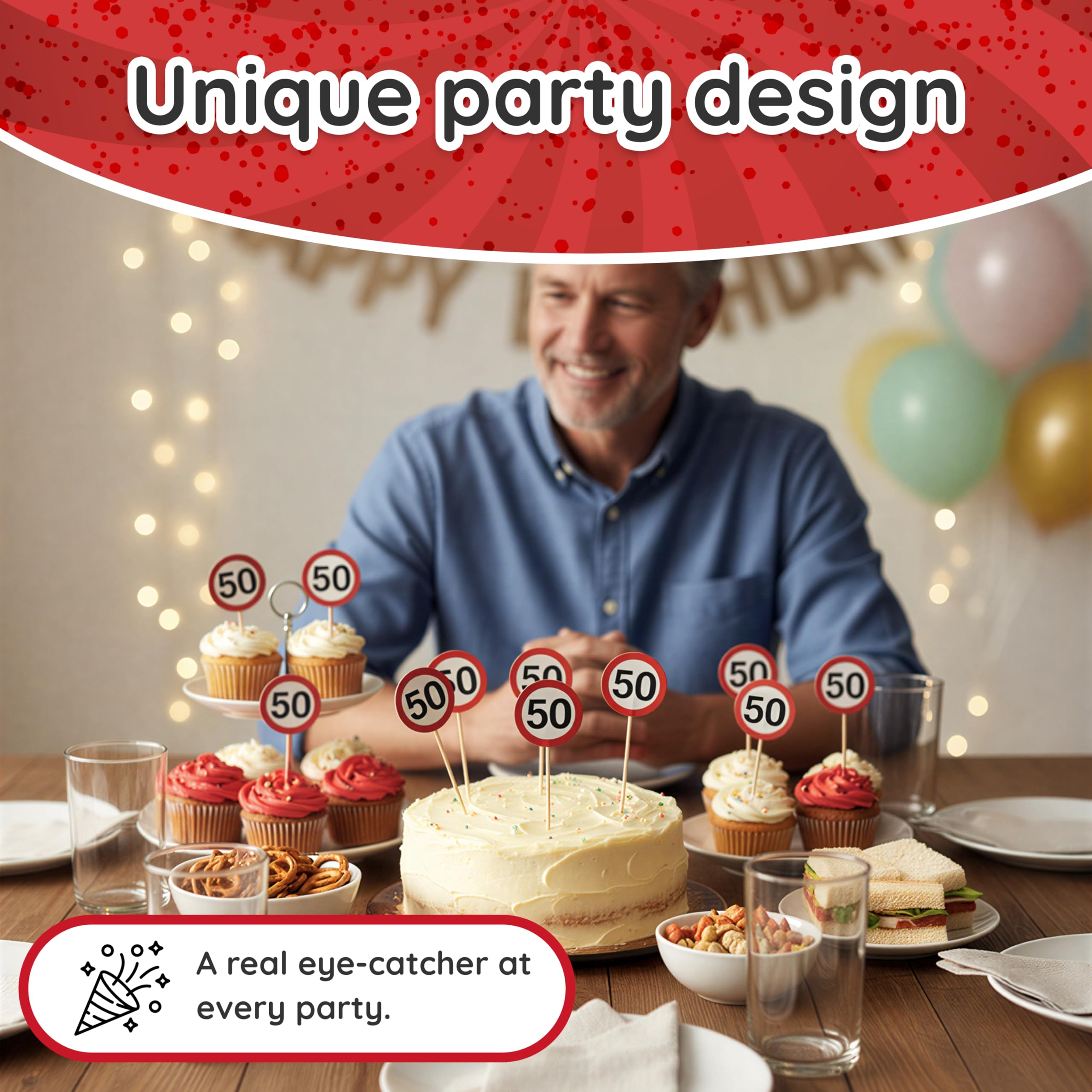 Decorazioni per Il 40° Compleanno – 12 Stuzzicadenti Party Rossi e Bianchi con Il Numero “40” in Stile Cartello Stradale – addobbi Originali e Idee Regalo Divertenti per Uomo e Donna