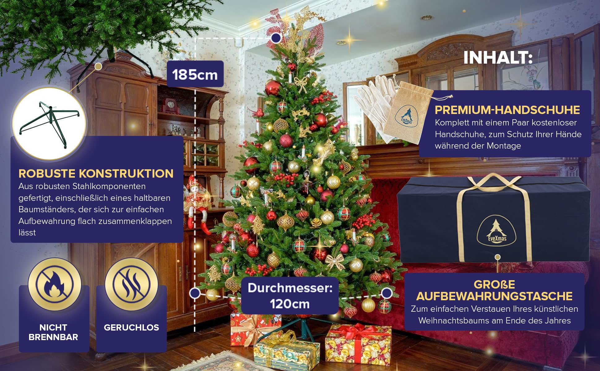EveXmas - Adele Grün-185 cm- 100% Spritzguss-Künstlicher Weihnachtsbaum-Tannenzweige aus 100% Polyethylen- auf Metallständer- Aufbewahrungstasche und Baumkorb im Lieferumfang enthalten