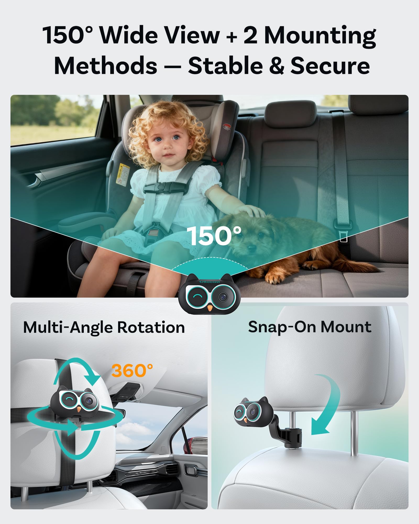 OTTOCAST Adaptateur de cabine 2025 en 1 pour caméra de voiture pour bébé et adaptateur CarPlay sans fil, aucun écran supplémentaire nécessaire, moniteur bébé de voiture 1080p pour vision nocturne