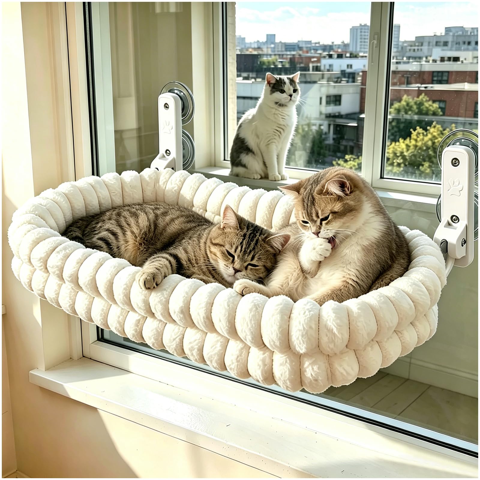Fensterliege mit Saugnäpfen, Faltbare Katzen Hängematte für Fenster, Weiches Wendekissen Abnehmbar & Waschbar, Stabiler Stahlrahmen Katzenbett für große & kleine Katzen