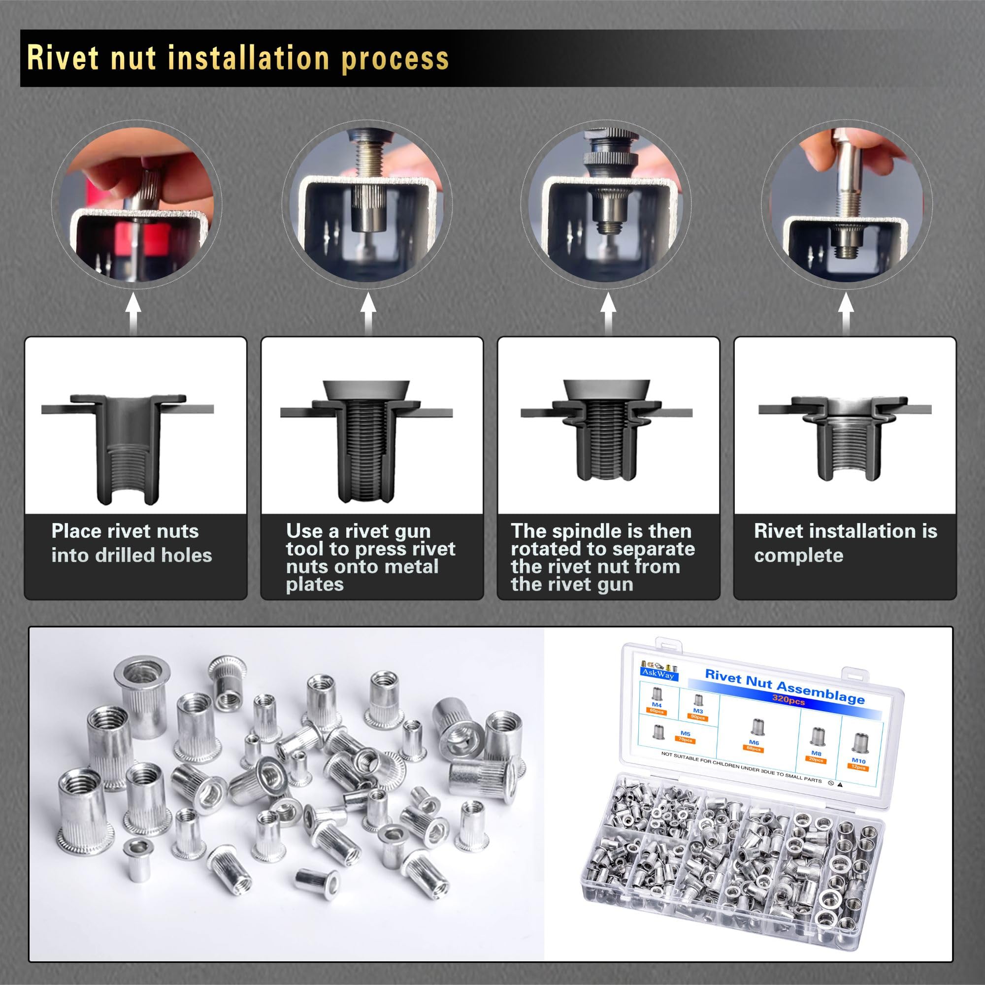 Rivnut Tool Kit 1240pcs Carbon Steel Rivet Nut Assortment Kit, Flat ...