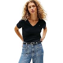 Tommy Hilfiger Donna T-Shirt Maniche Corte New Slim Cody con Scollo a V, Blu (NOS Desert Sky), XXS