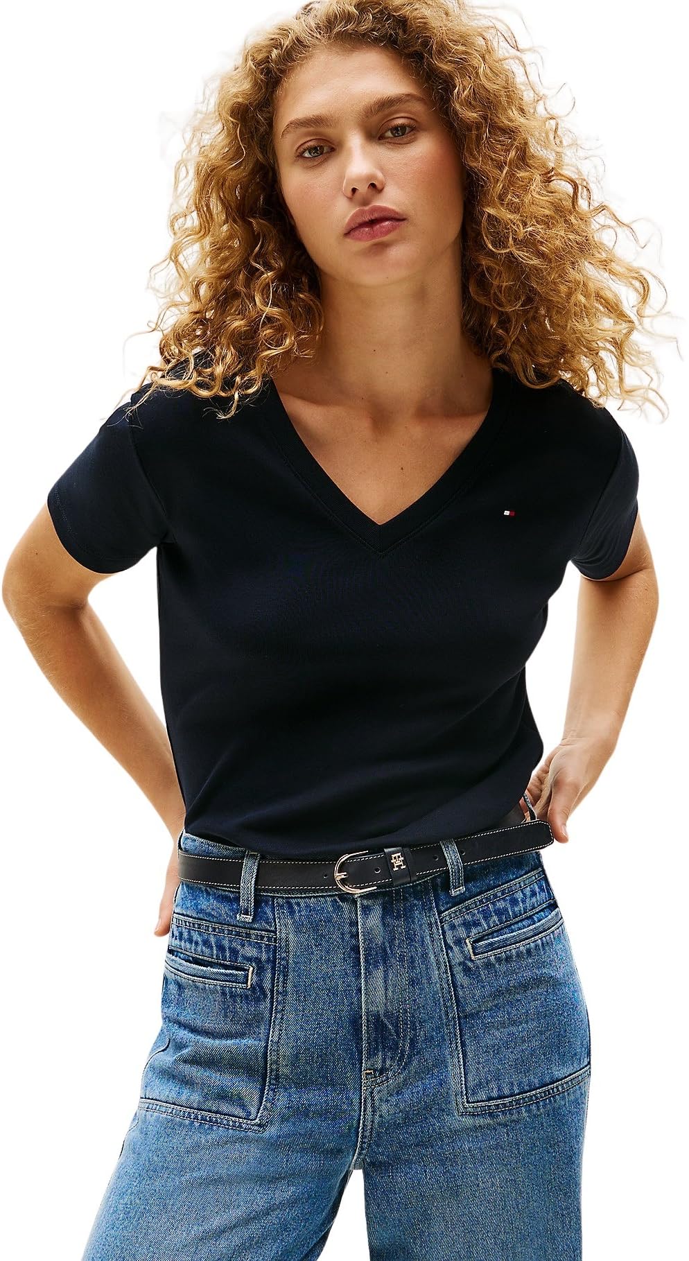 Tommy Hilfiger Women’s Short Sleeve T-Shirt New Slim Cody V-Neck, Blue (Nos Desert Sky), L