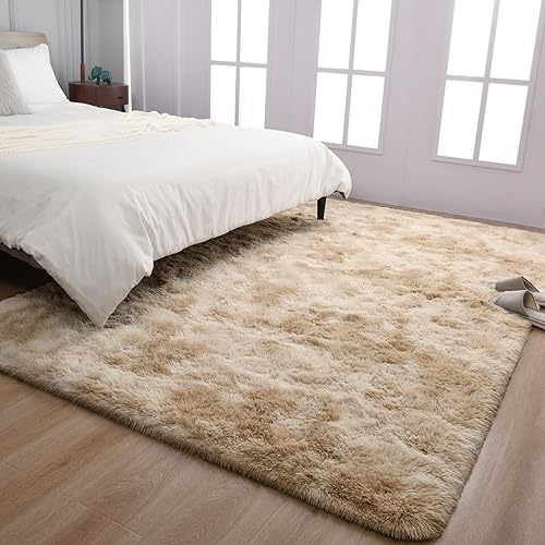 Miniatura 5 de TWINNIS Alfombras grandes de pelo largo de 4 x 6 pulgadas para sala de estar, dormitorio, teñido anudado beige, alfombras de felpa súper suaves para