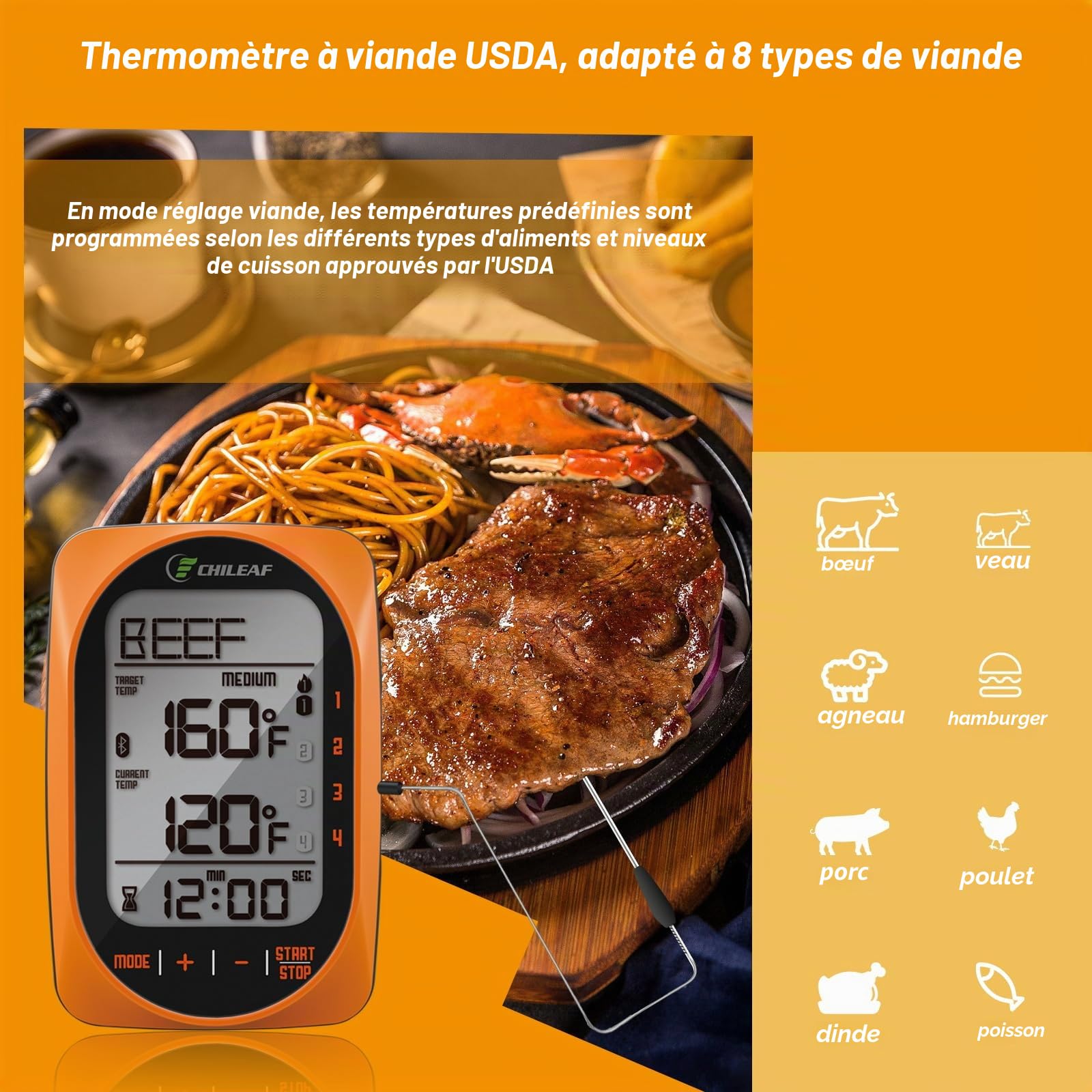 Meat Thermomètre numérique instantané avec 4 modes d'échantillons de mode temporisation pour barbecue, bonbons, aliments et fumoirs